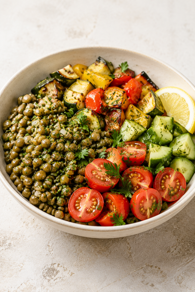 Mediterrane Linsen-Bowl mit Zitronendressing fertig angerichtet