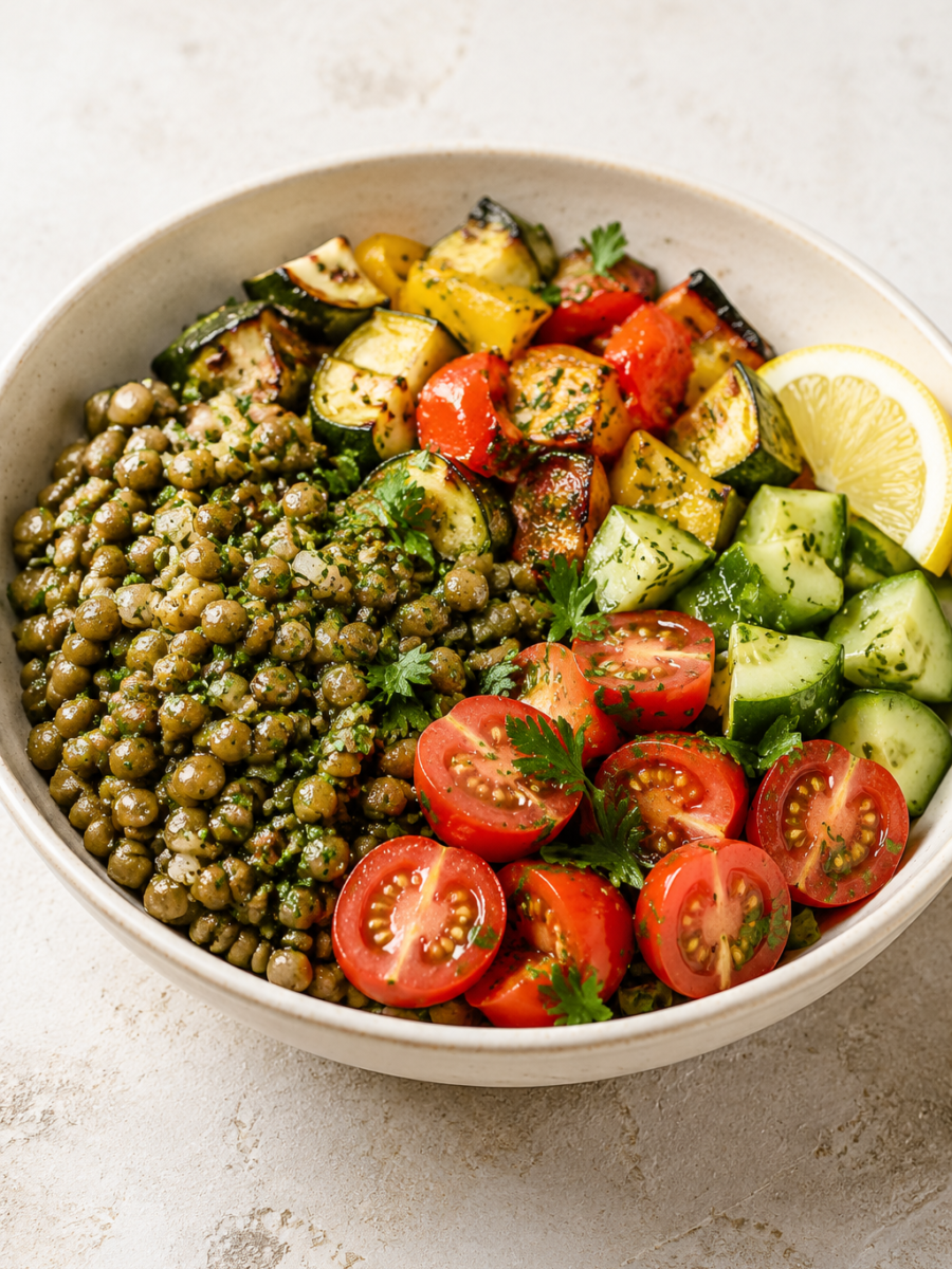 Mediterrane Linsen-Bowl mit Zitronendressing
