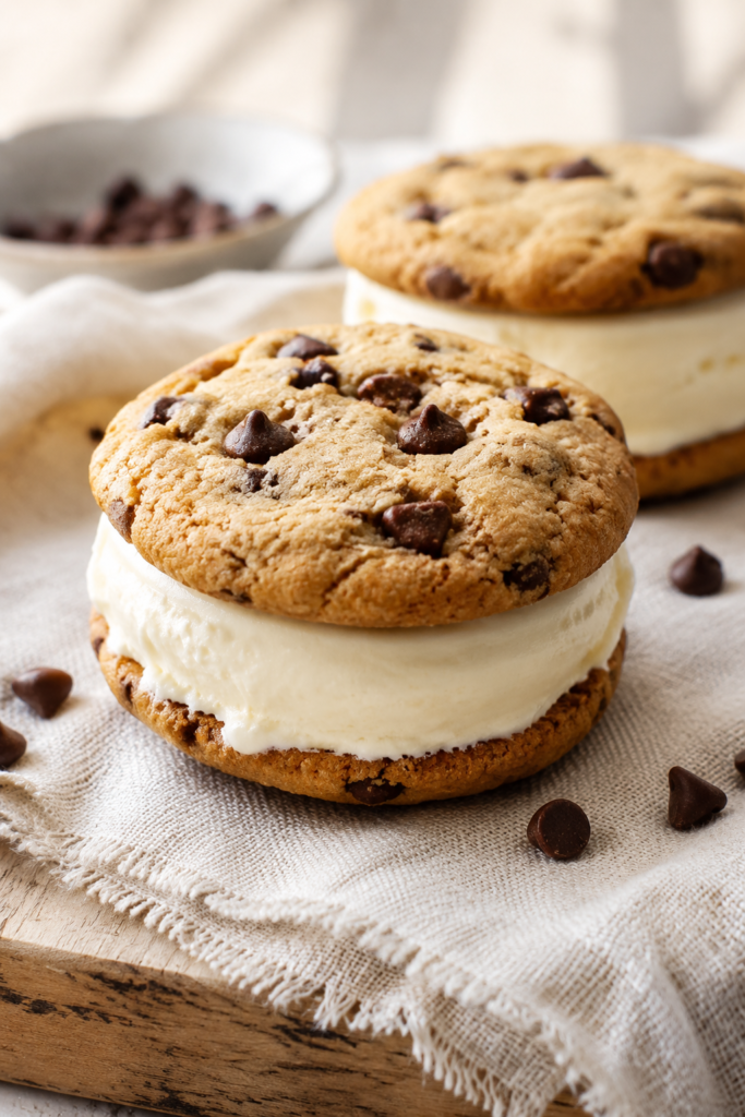 Glutenfreie Cookie-Eis-Sandwiches fertig angerichtet