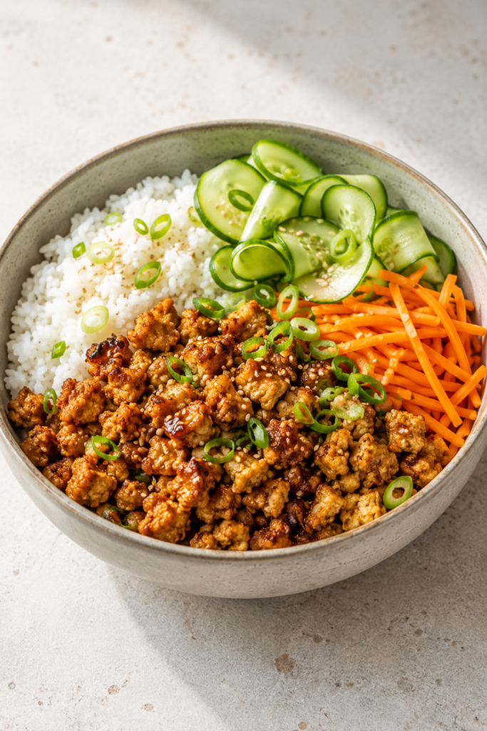 Asiatische Tofu-Crumble-Bowl fertig angerichtet