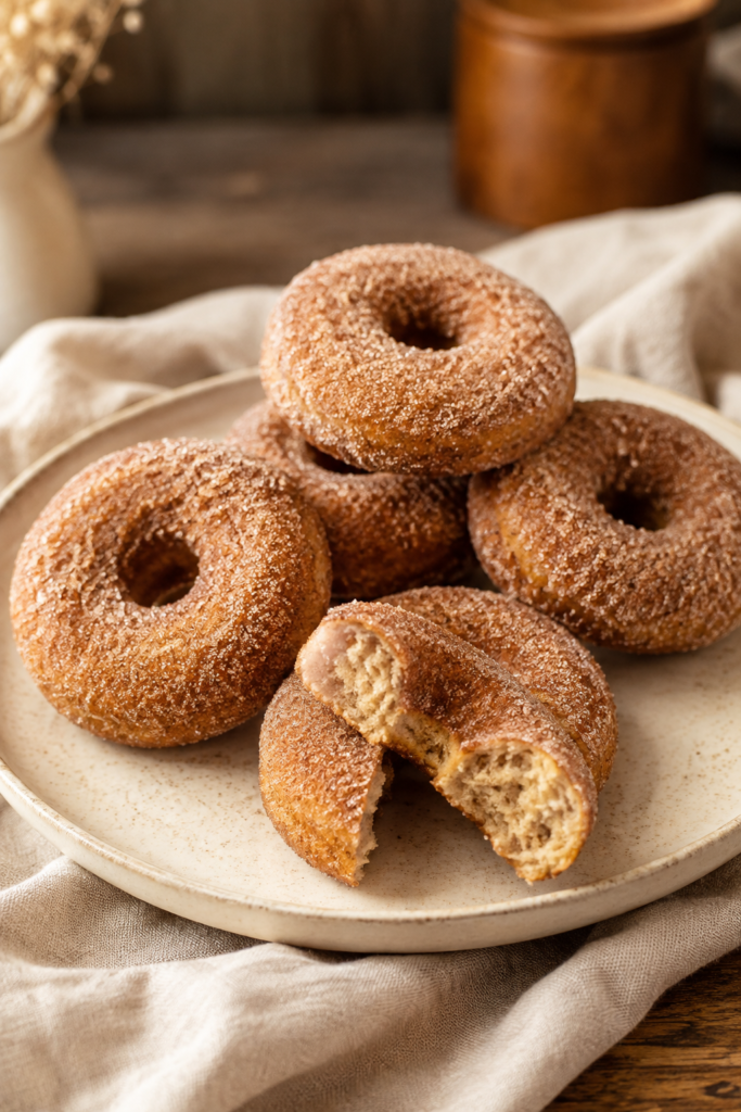 Glutenfreie Zimtzucker-Donuts aus dem Ofen fertig angerichtet