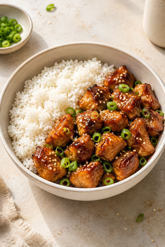 Teriyaki-Hähnchen aus dem Airfryer fertig angerichtet