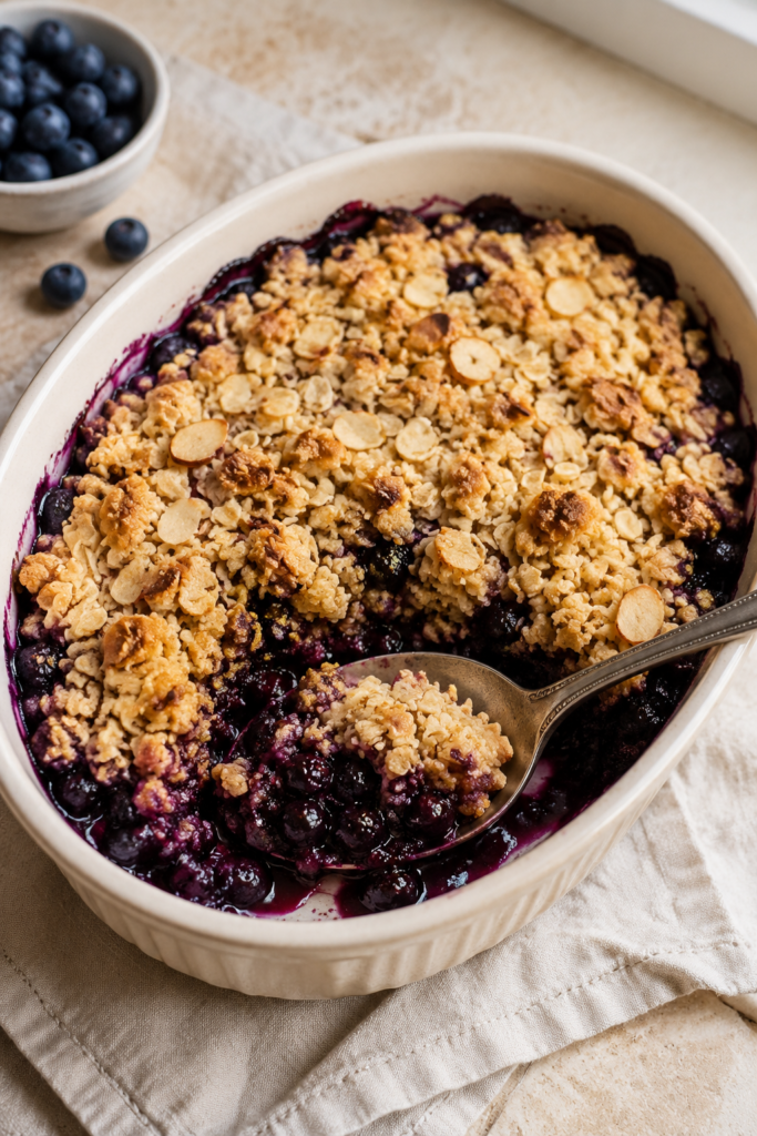 Glutenfreier Blaubeer-Crumble fertig angerichtet