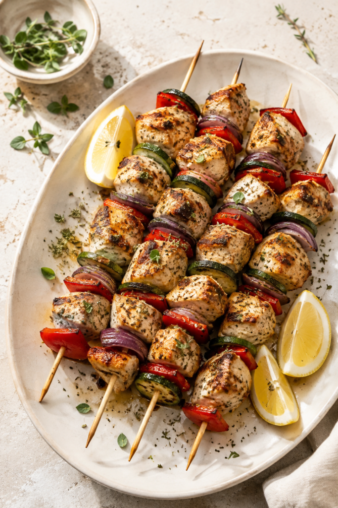 Griechische Hähnchenspieße aus dem Ofen fertig angerichtet