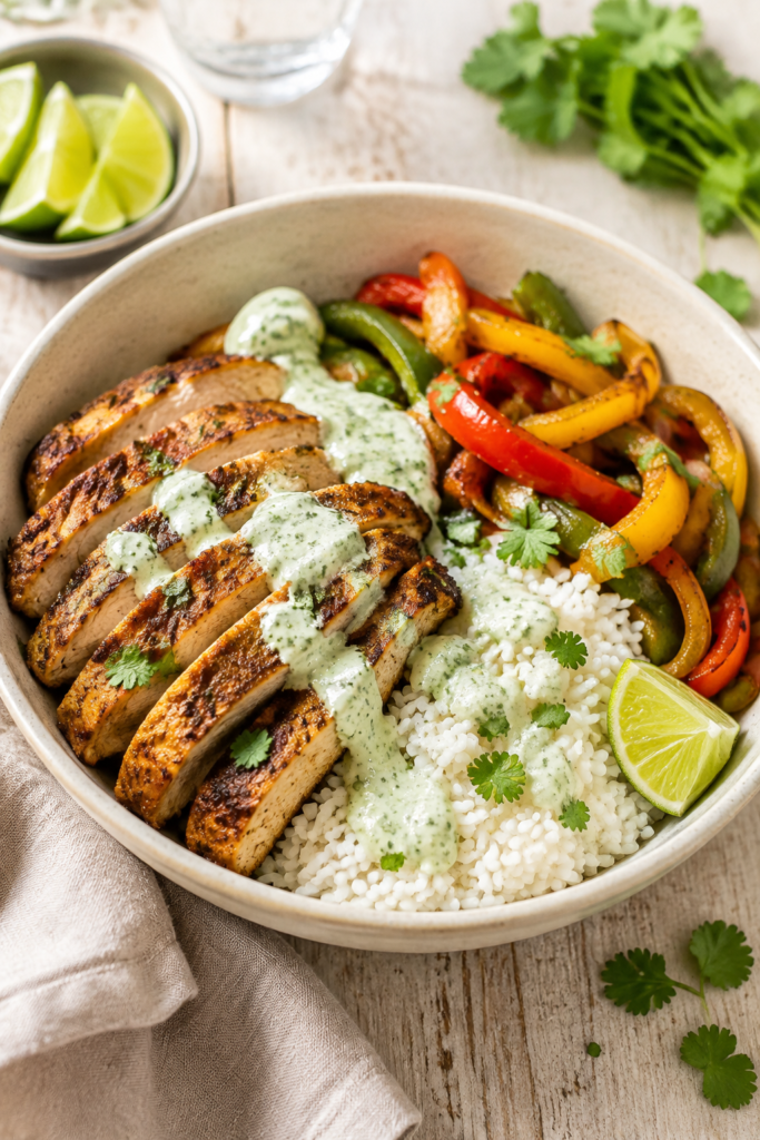 Hähnchen-Fajita-Bowl mit Paprika fertig angerichtet