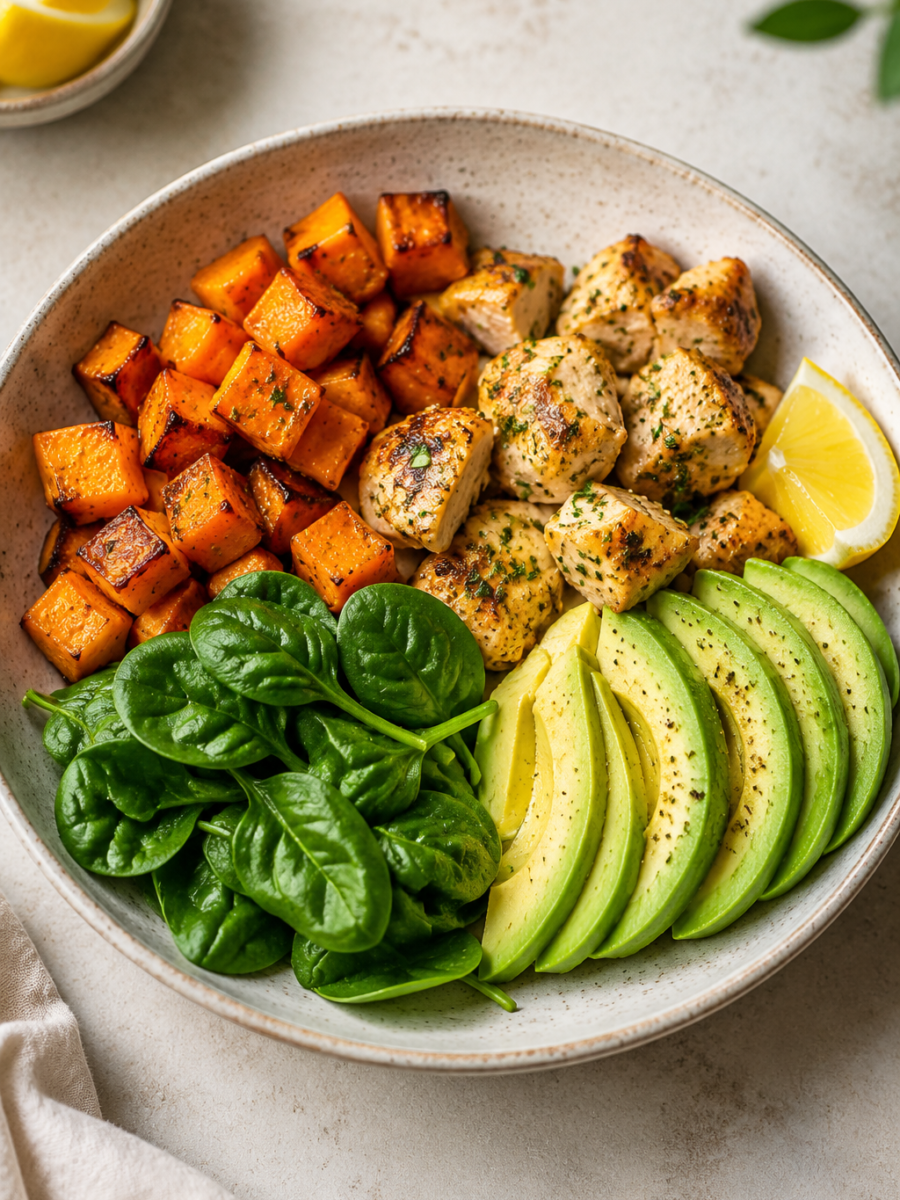 Süßkartoffel-Zitronen-Hähnchen-Bowl