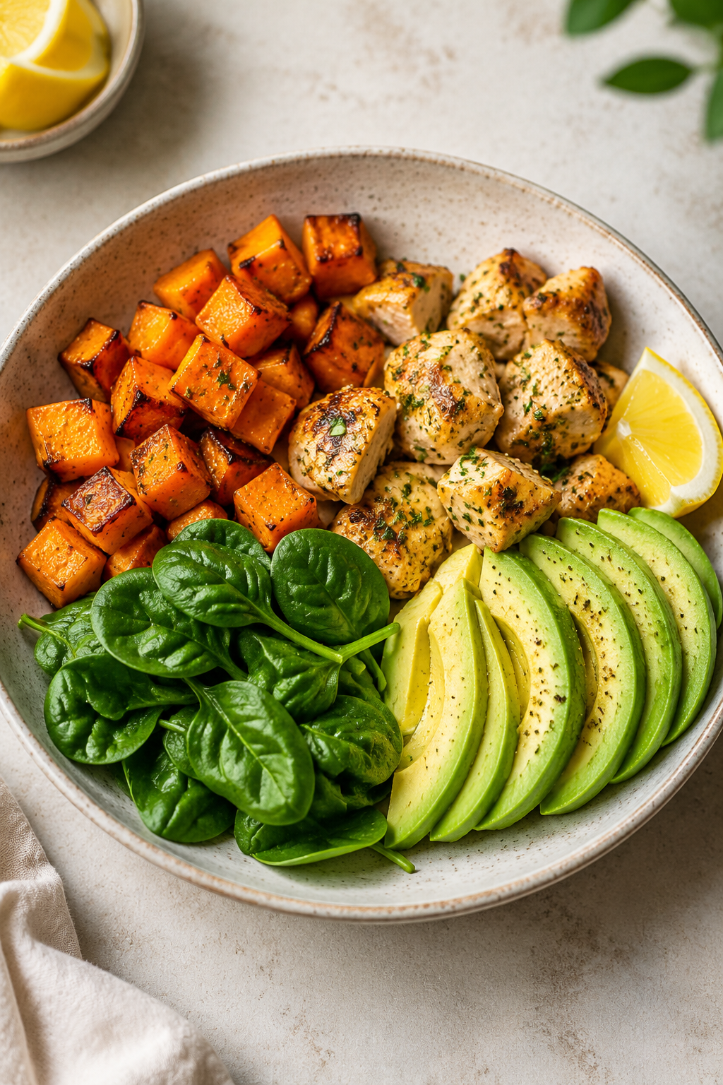 Süßkartoffel-Zitronen-Hähnchen-Bowl