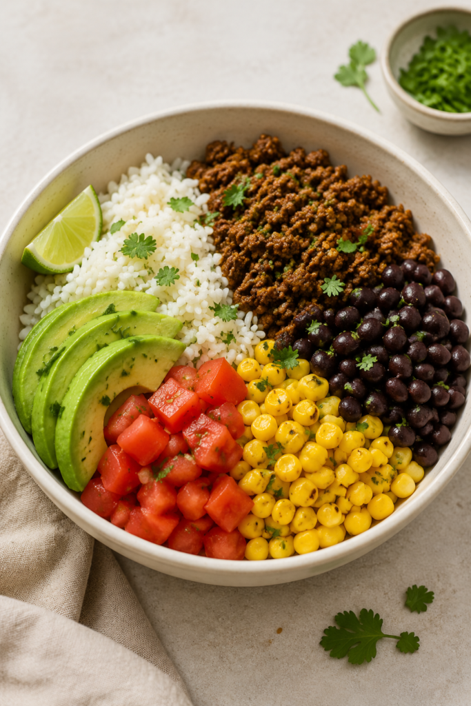 Hackfleisch-Taco-Bowl mit Mais fertig angerichtet