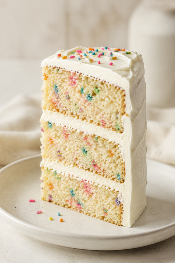 Glutenfreier Konfetti-Geburtstagskuchen fertig angerichtet