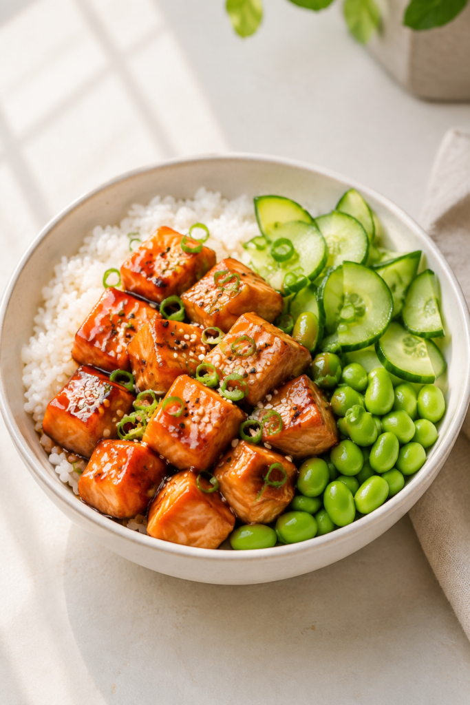 Honig-Sriracha-Lachs-Bowl fertig angerichtet