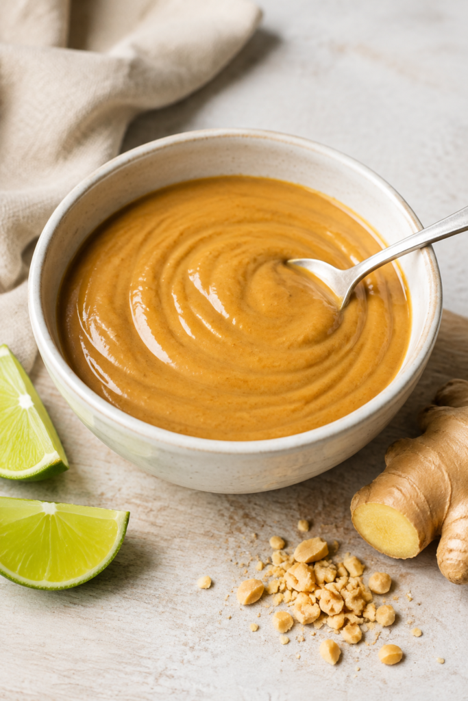 Cremige Thai-Erdnusssauce fertig angerichtet