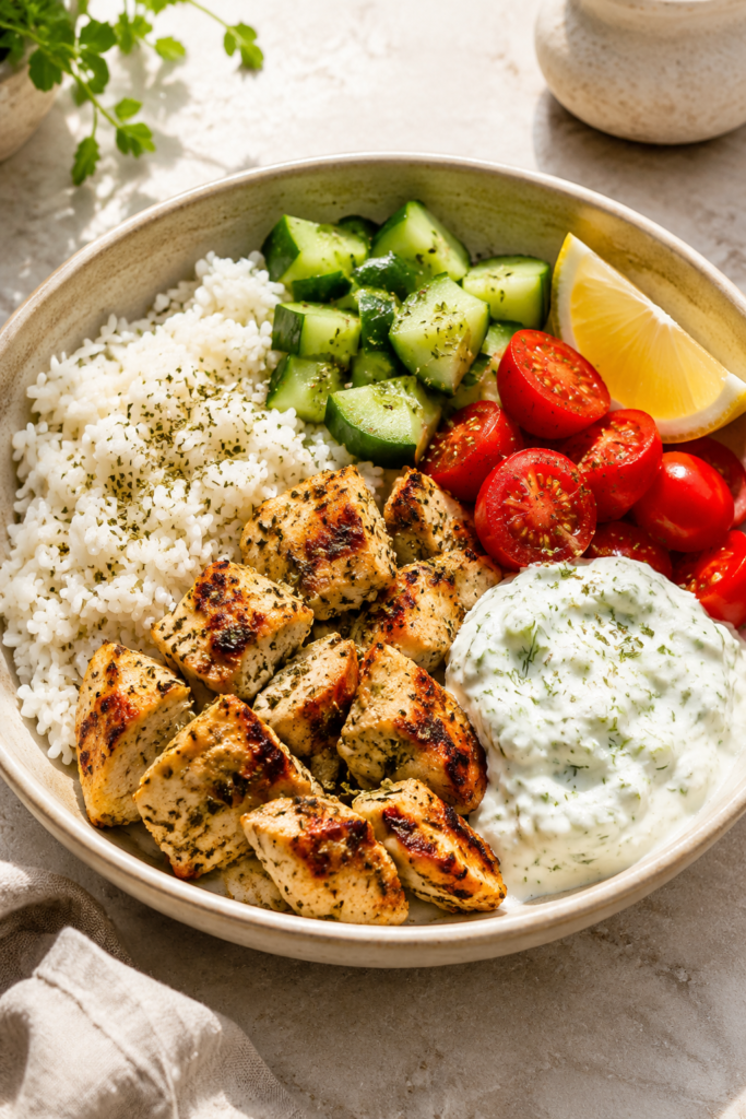 Griechische Hähnchen-Bowl mit Tzatziki fertig angerichtet
