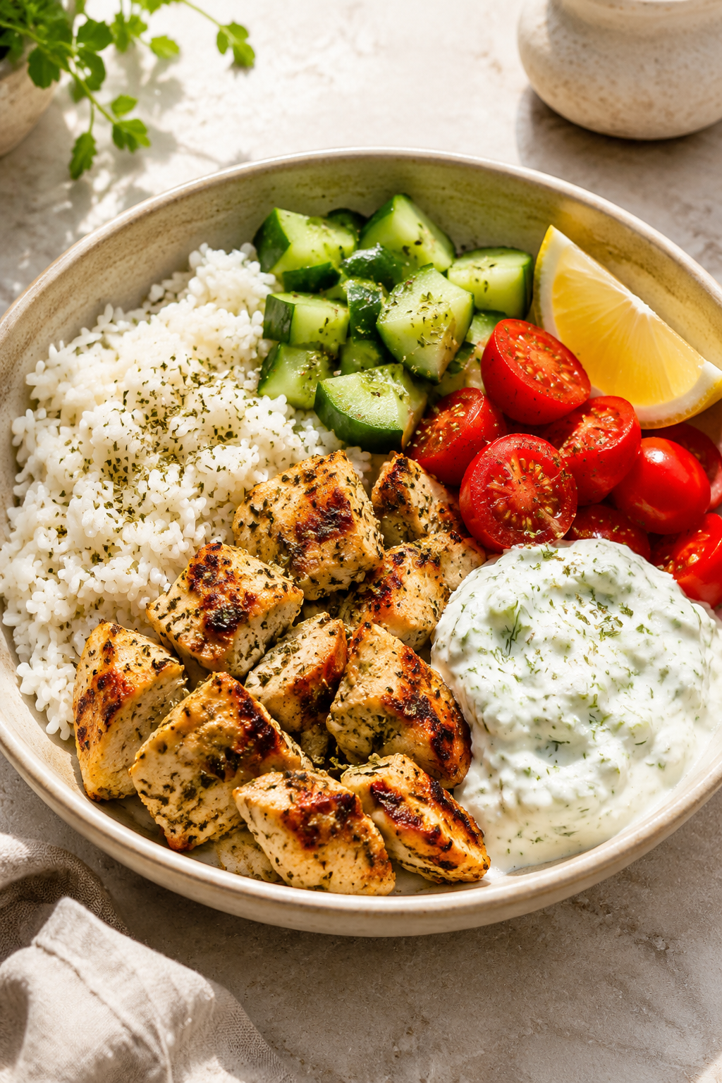 Griechische Hähnchen-Bowl mit Tzatziki