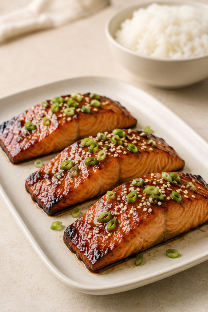 Teriyaki-Lachs aus dem Ofen fertig angerichtet