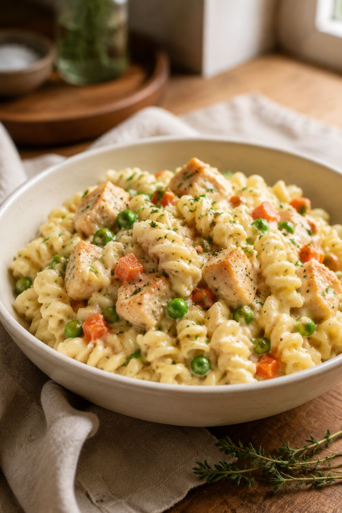 Cremige Chicken-Pot-Pie-Pasta fertig angerichtet