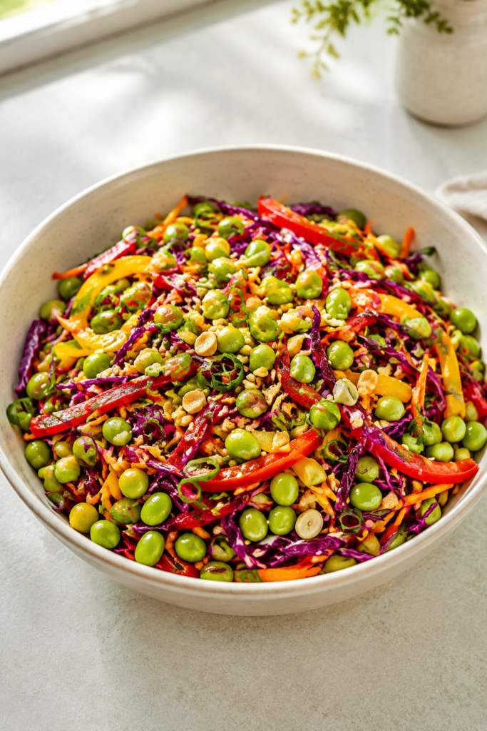Edamame-Erdnuss-Crunch-Salat fertig angerichtet