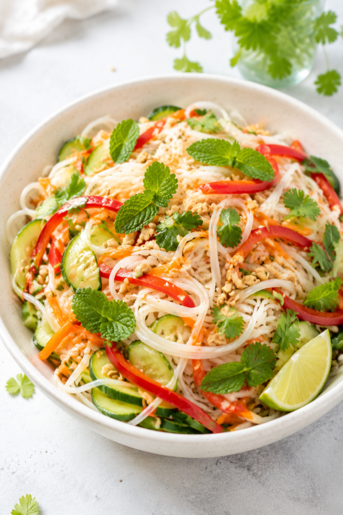 Thai-Reisnudelsalat mit Limettendressing fertig angerichtet