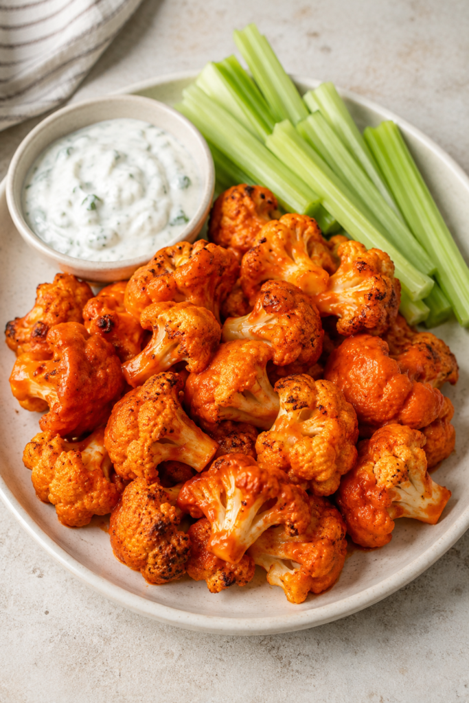 Buffalo-Blumenkohl-Wings aus dem Ofen fertig angerichtet