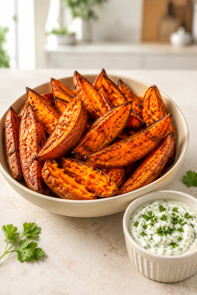 Knusprige Süßkartoffelspalten aus dem Airfryer fertig angerichtet