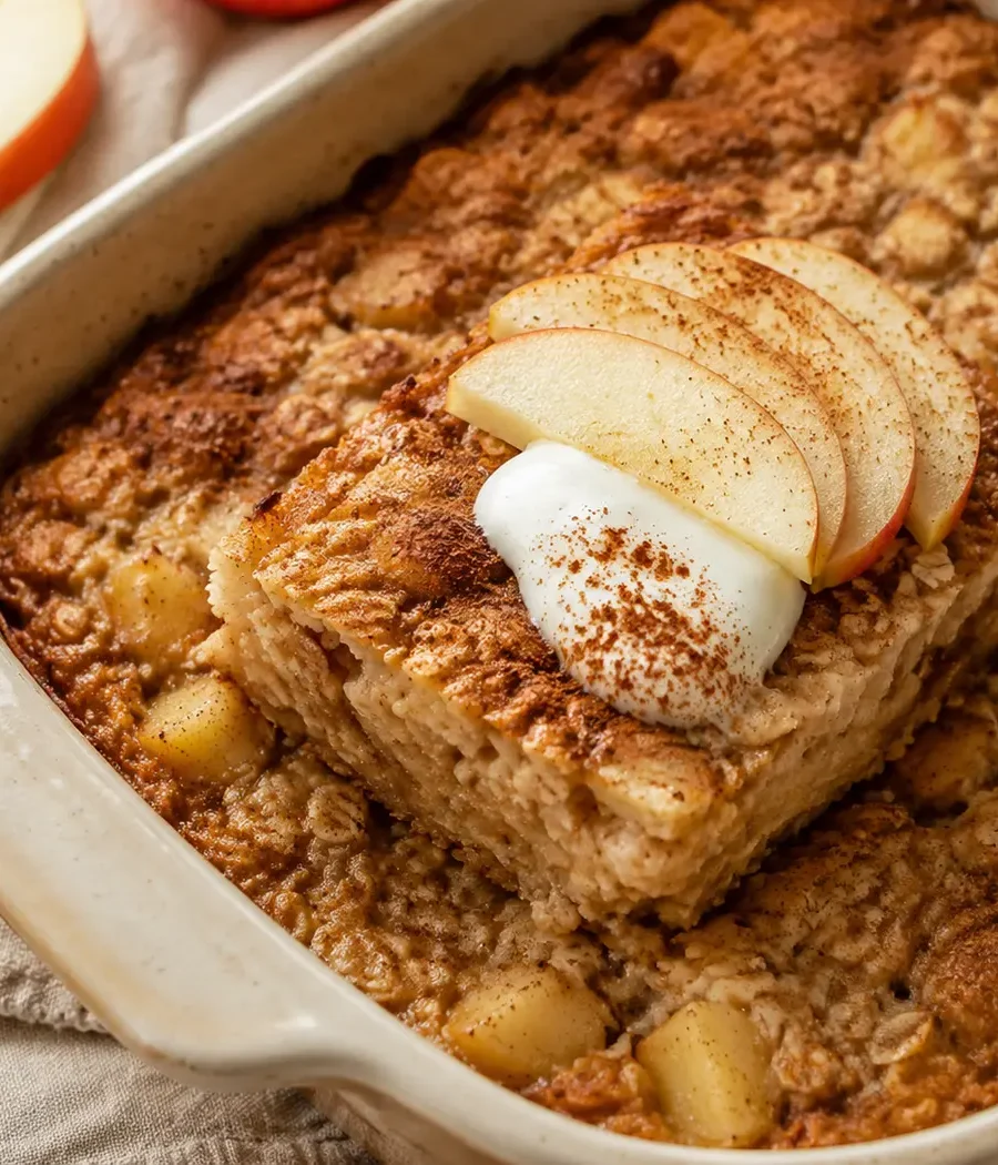 Saftiges Apfel-Zimt Baked Oatmeal mit Apfelscheiben und Zimt