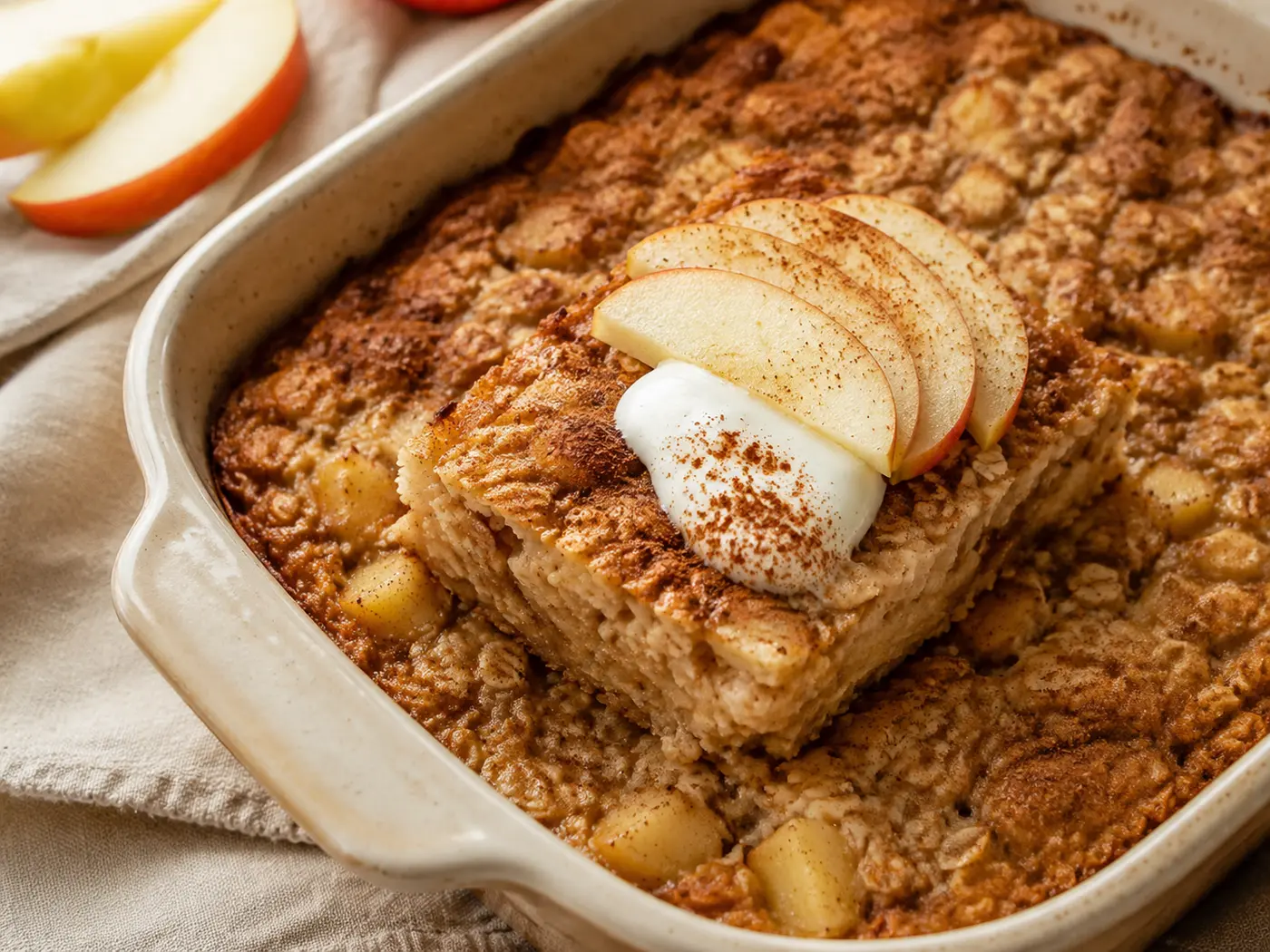 Saftiges Apfel-Zimt Baked Oatmeal mit Apfelscheiben und Zimt