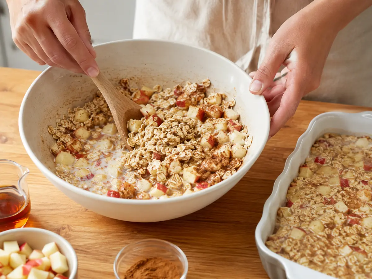 Haferflocken, Apfelstücke, Milch und Zimt werden für Baked Oatmeal verrührt