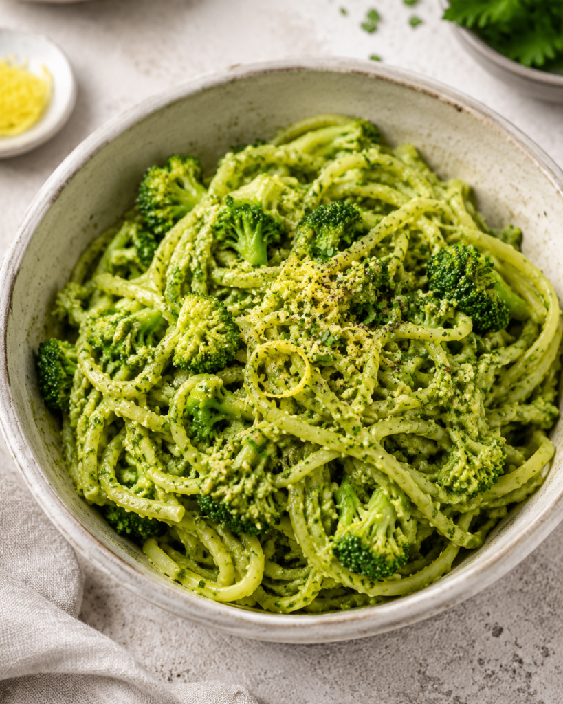 Brokkoli-Pesto-Pasta mit Zitrone fertig angerichtet