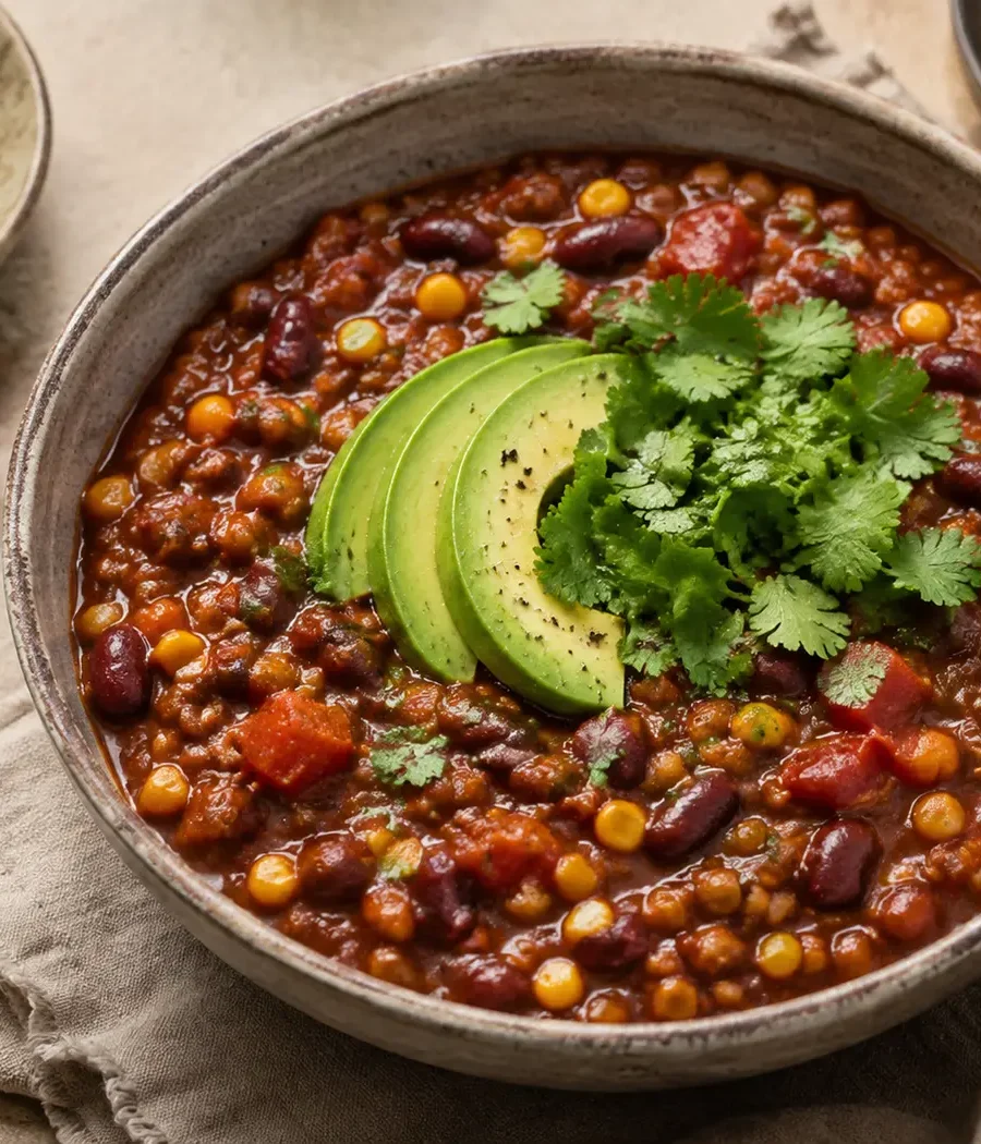 Veganes Chili sin Carne mit Linsen, Bohnen und Avocado