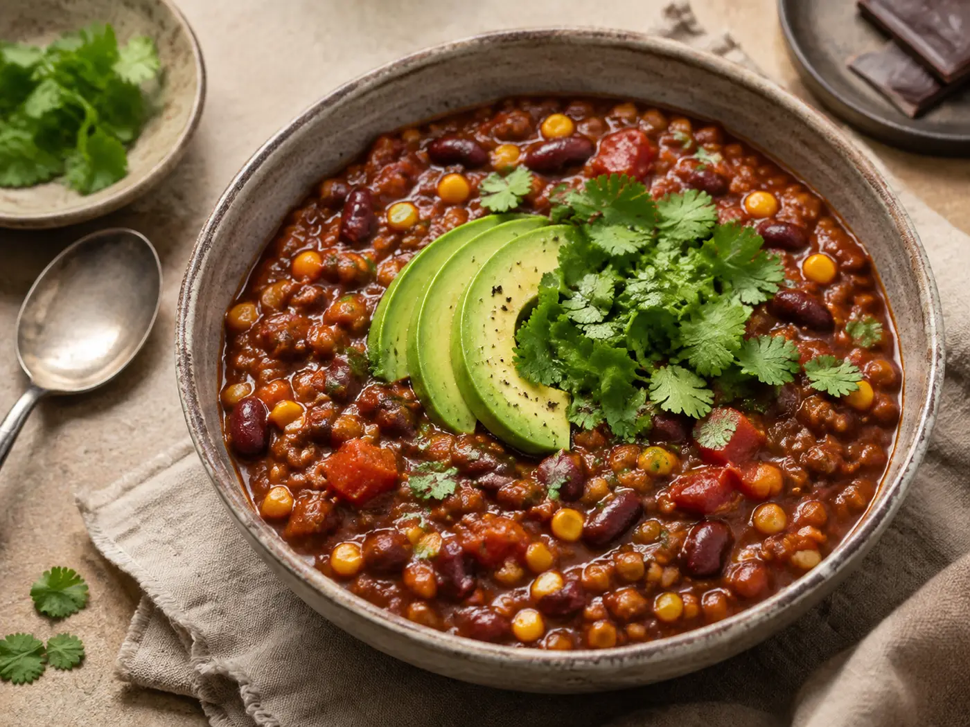 Veganes Chili sin Carne mit Linsen, Bohnen und Avocado