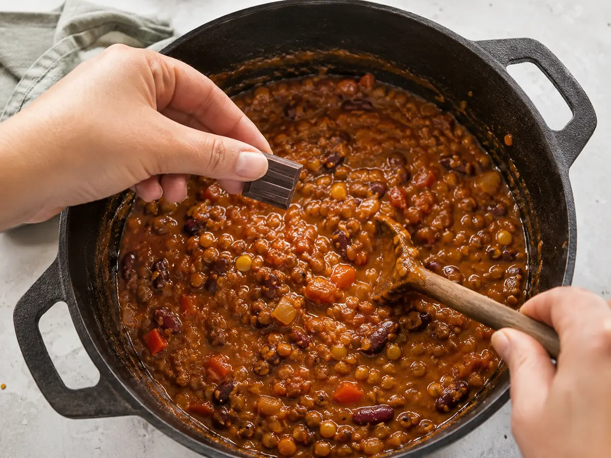 Ein Stück dunkle Schokolade wird in das vegane Linsen-Chili eingerührt