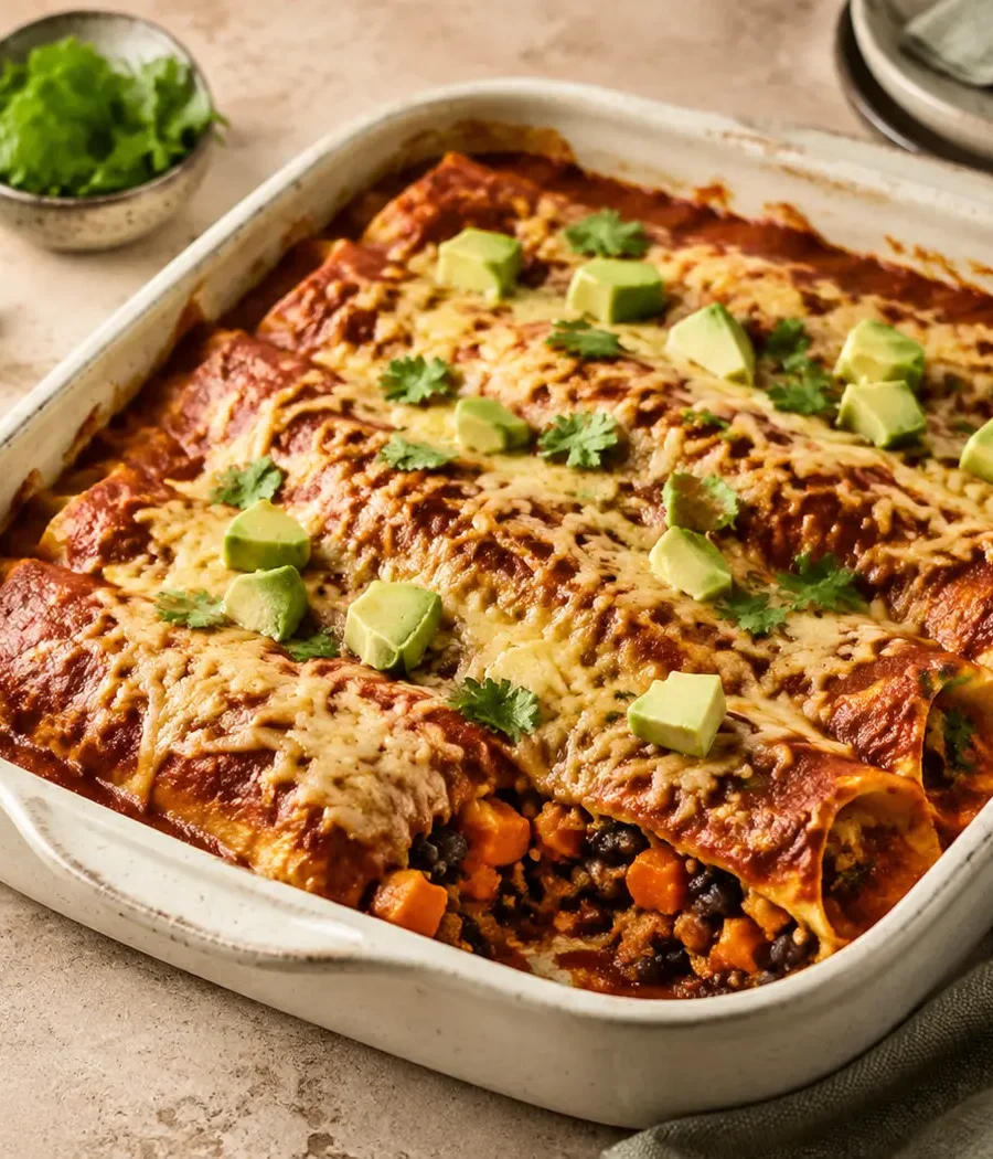 Überbackene Enchiladas mit Süßkartoffeln und schwarzen Bohnen