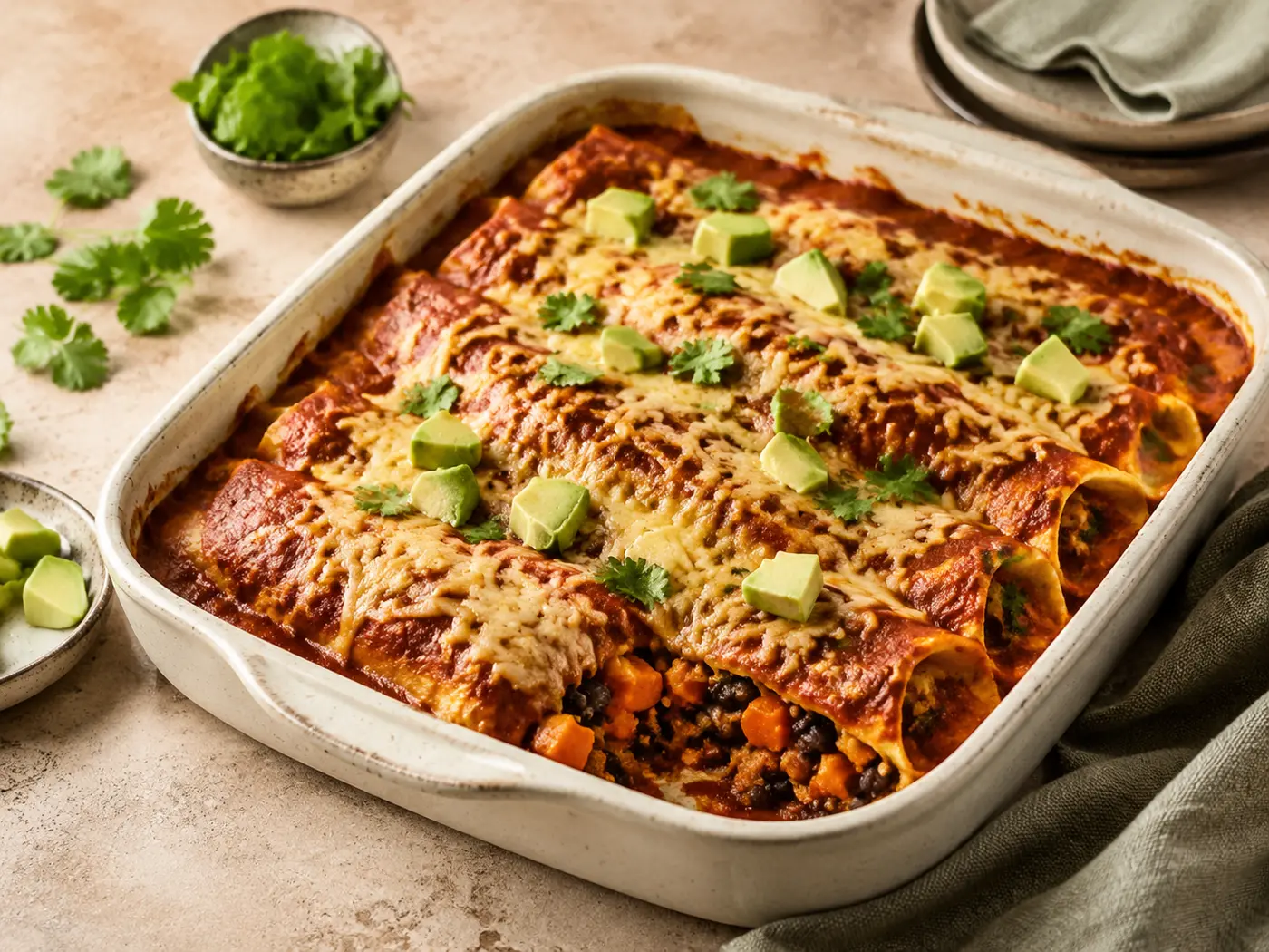 Überbackene Enchiladas mit Süßkartoffeln und schwarzen Bohnen