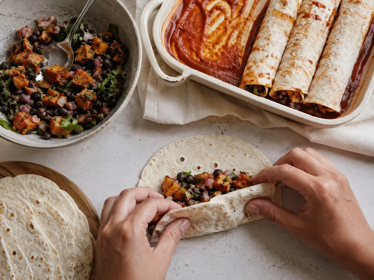 Tortillas werden mit Süßkartoffeln und schwarzen Bohnen gefüllt