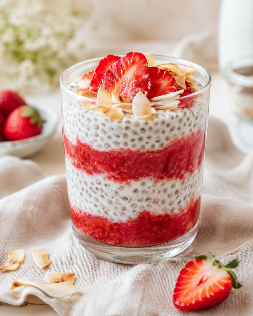 Erdbeer-Kokos-Chia-Pudding über Nacht fertig angerichtet