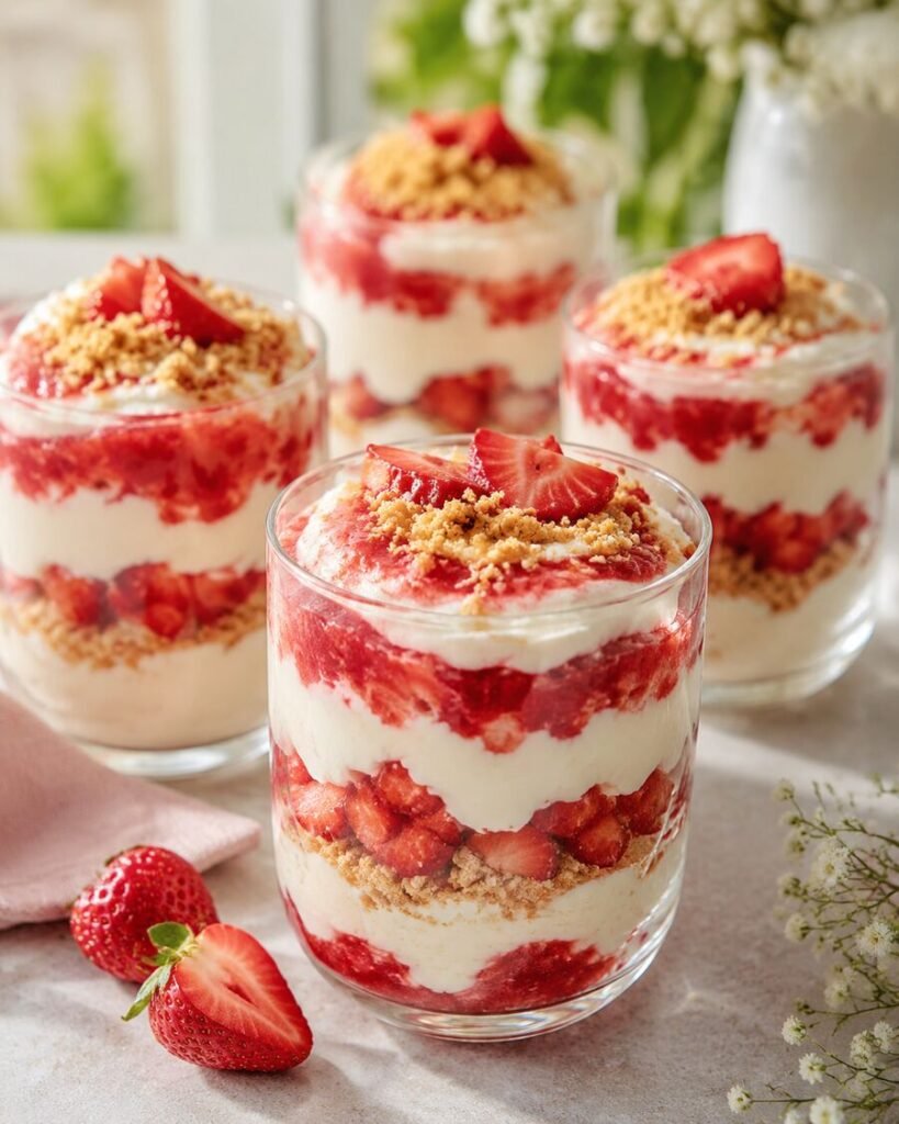 Cremiges Erdbeer-Skyr-Dessert im Glas fertig angerichtet