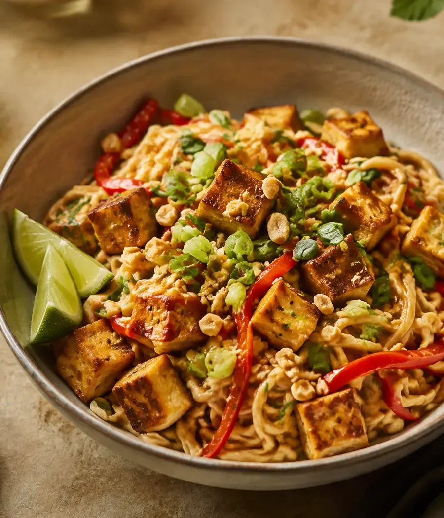 Cremige Erdnuss-Nudeln mit knusprigem Tofu