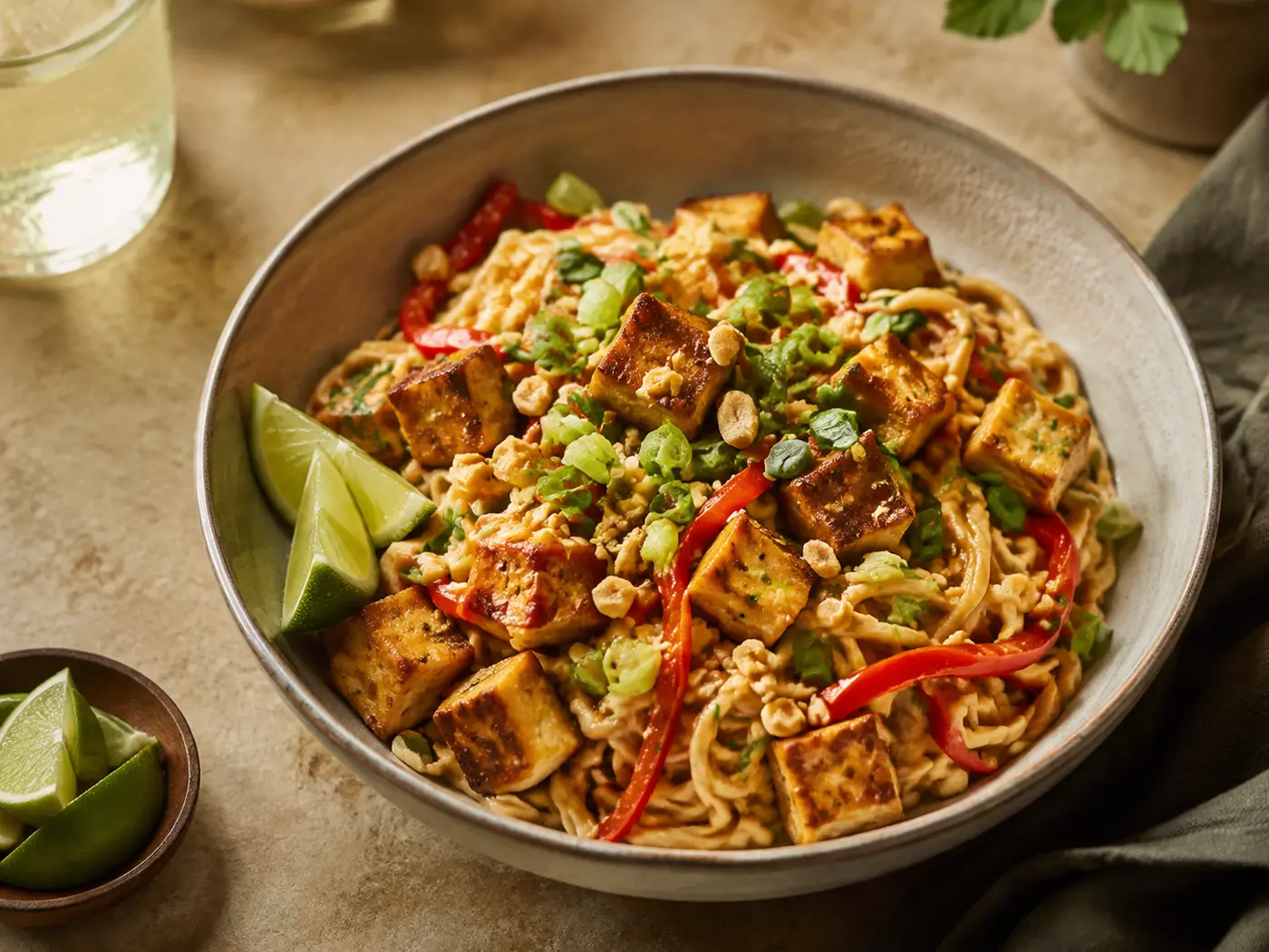 Cremige Erdnuss-Nudeln mit knusprigem Tofu