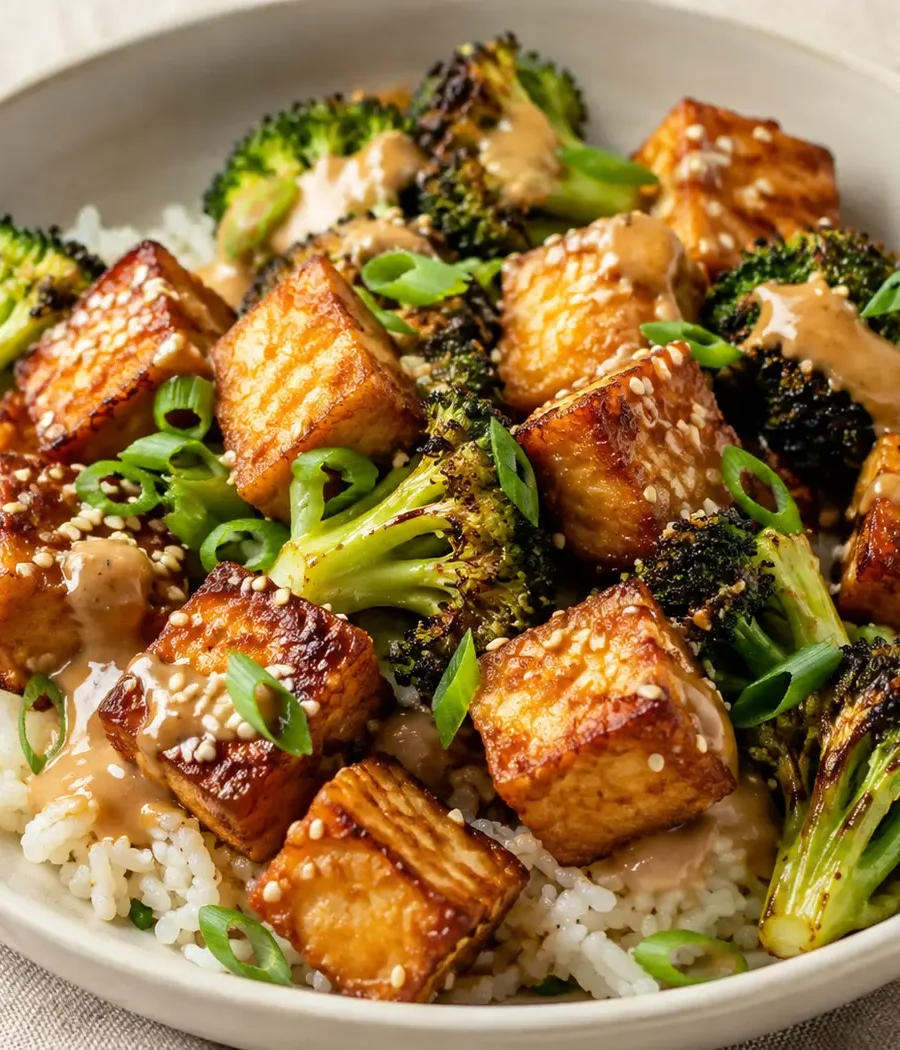 Knuspriger Erdnuss-Tofu mit Brokkoli, Reis und cremiger Erdnusssauce