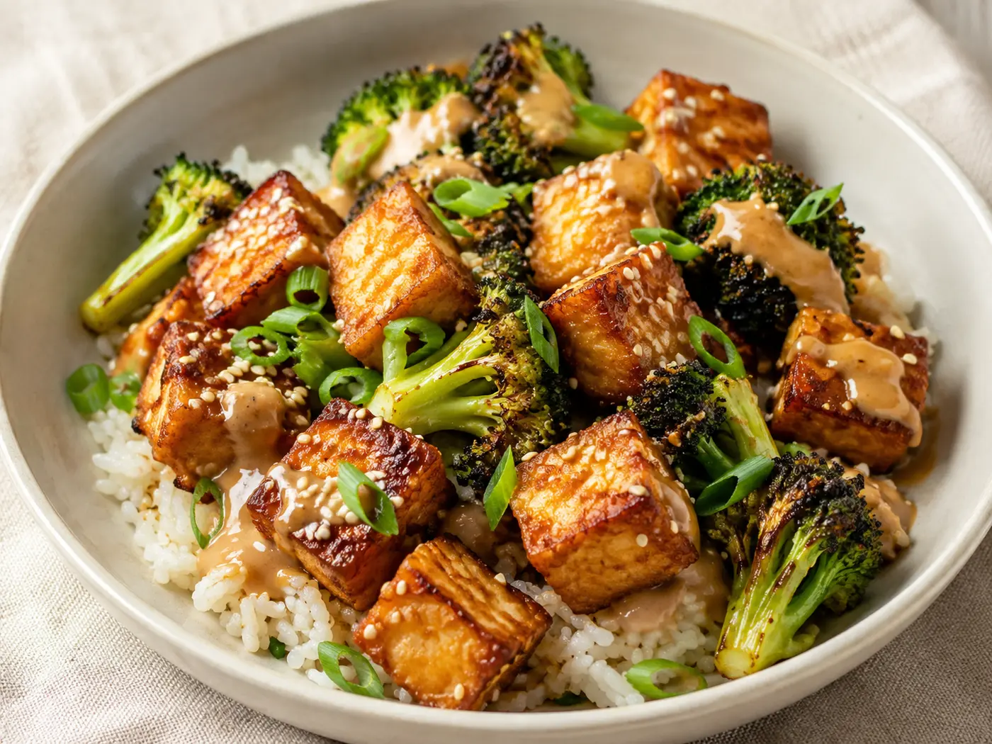 Knuspriger Erdnuss-Tofu mit Brokkoli, Reis und cremiger Erdnusssauce