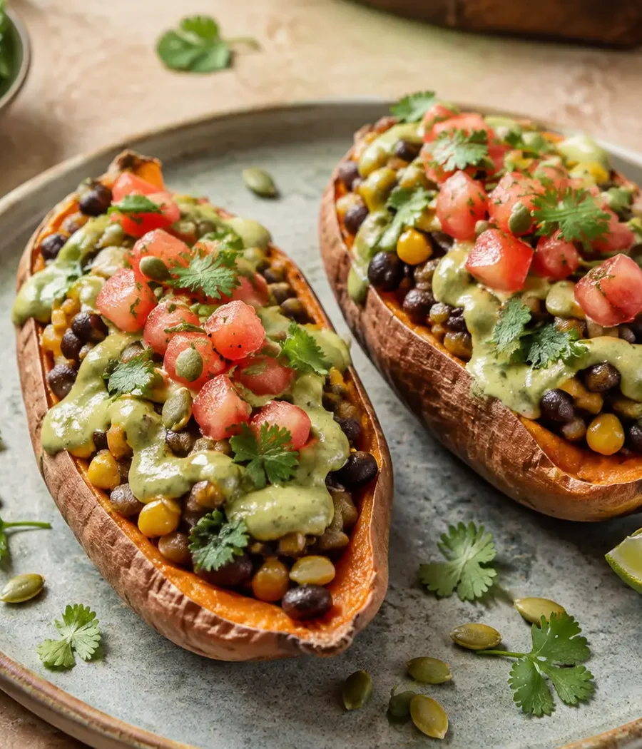 Gefüllte Süßkartoffeln mit schwarzen Bohnen, Mais und Avocado-Creme