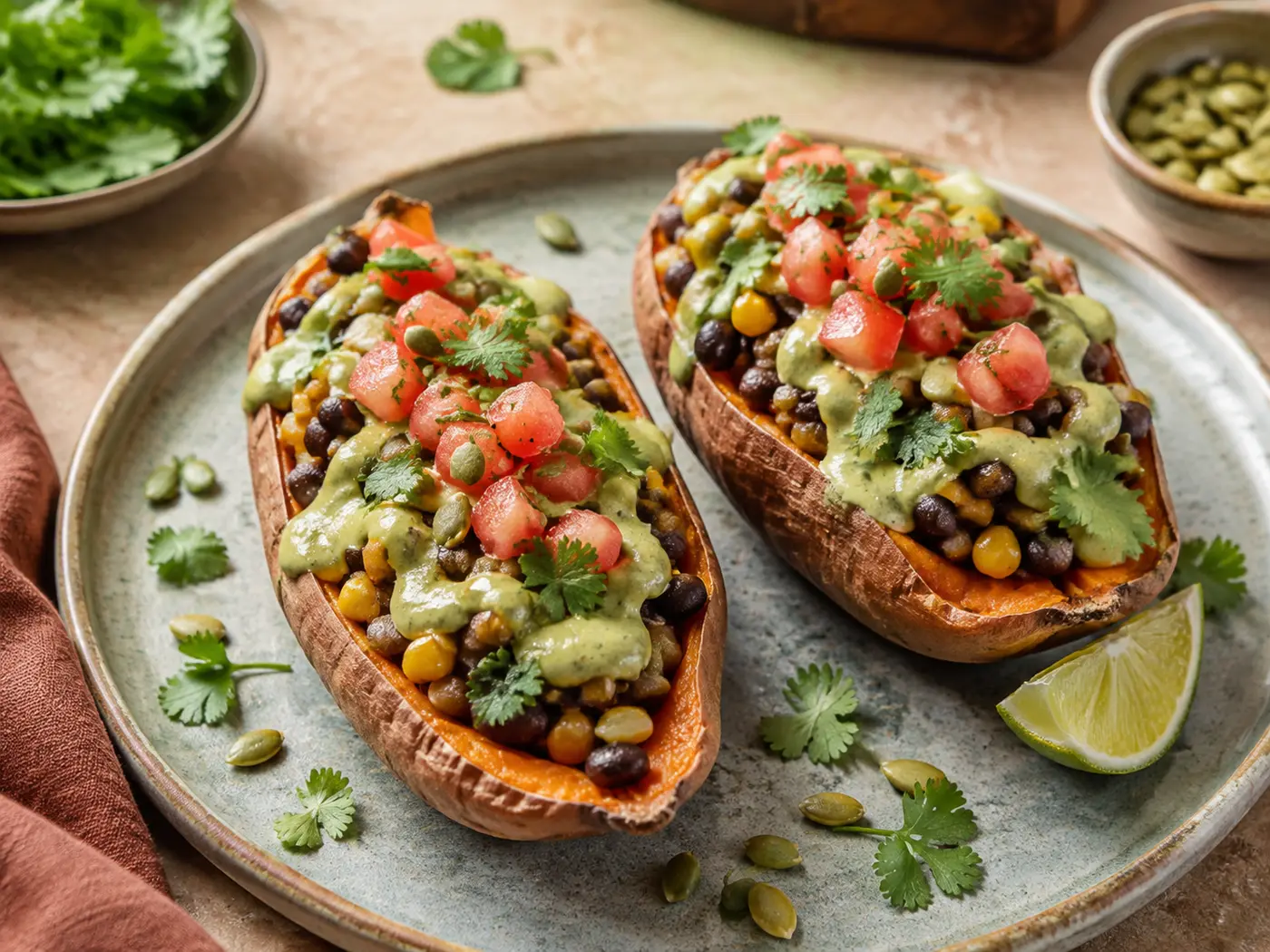Gefüllte Süßkartoffeln mit schwarzen Bohnen, Mais und Avocado-Creme