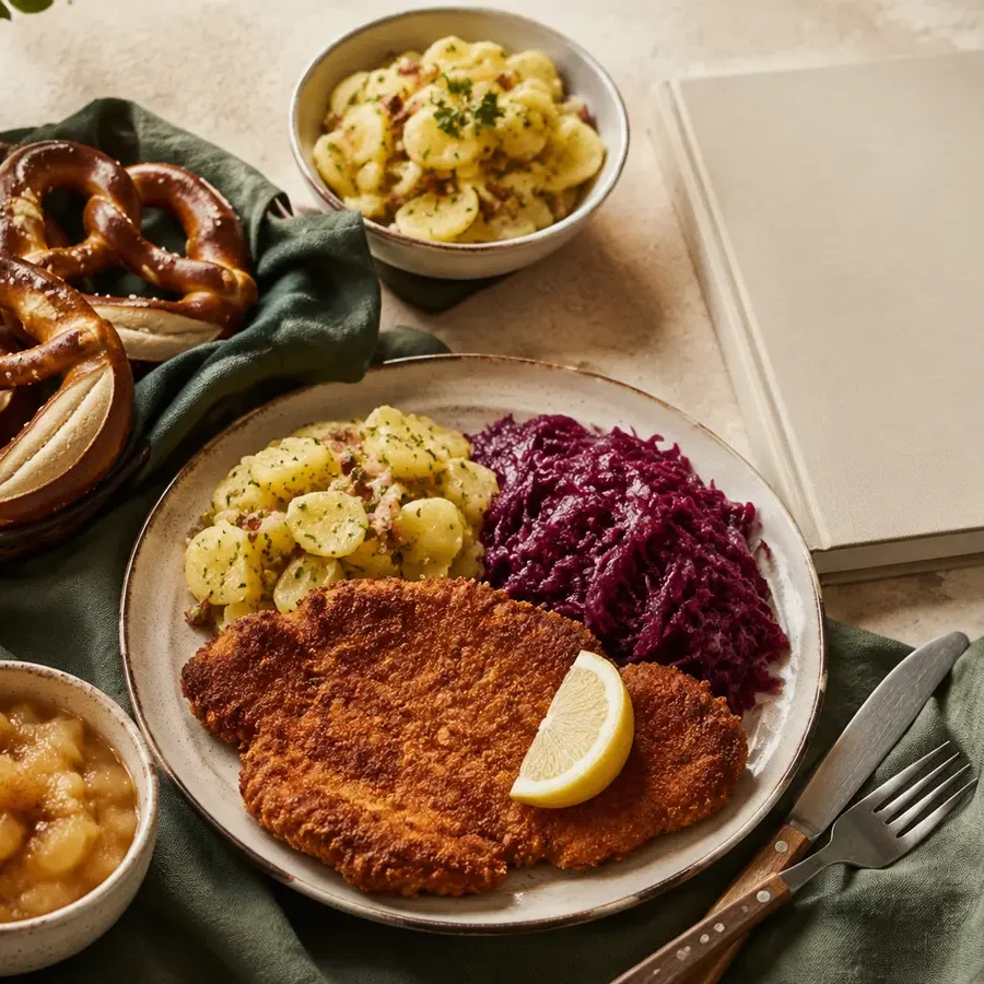 Deutsche Gerichte mit Schnitzel, Rotkohl, Brezeln und einem neutralen Kochbuch