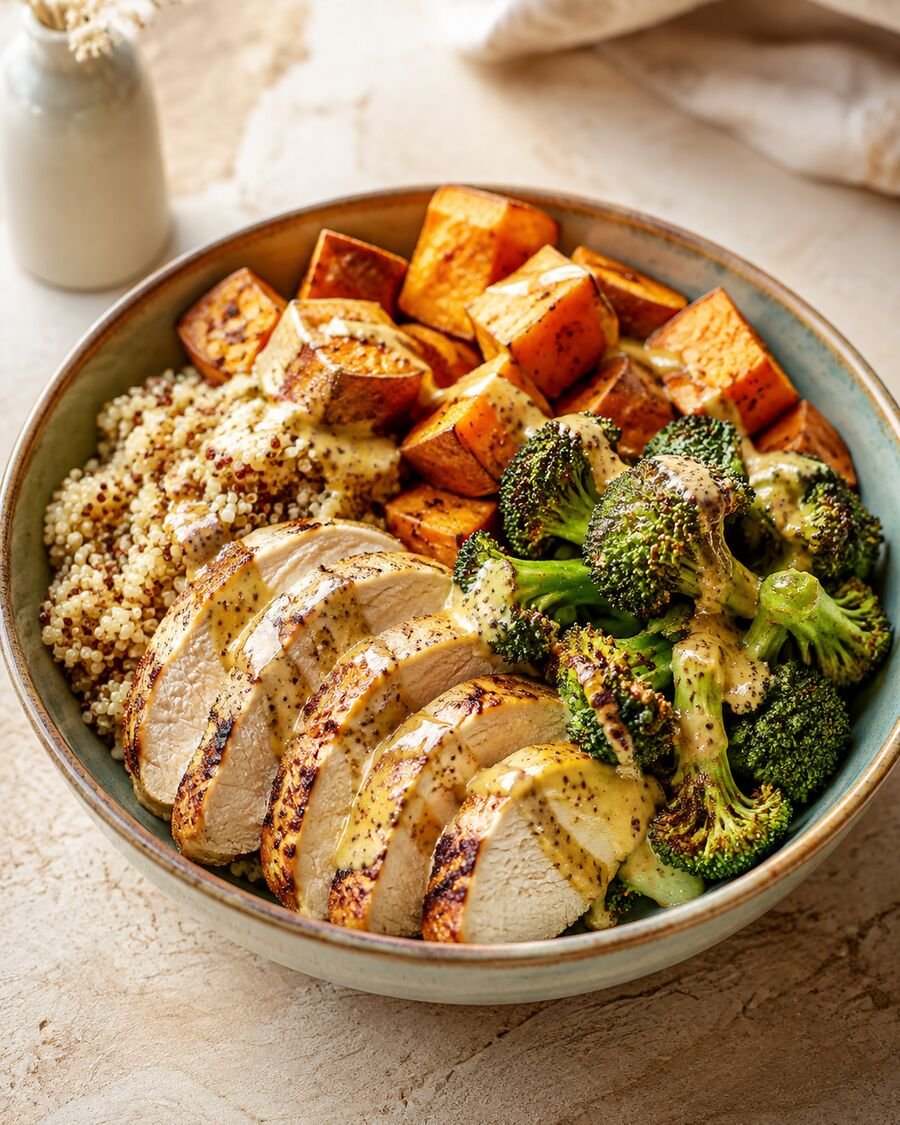Honig-Senf-Hähnchen-Bowl mit Ofengemüse