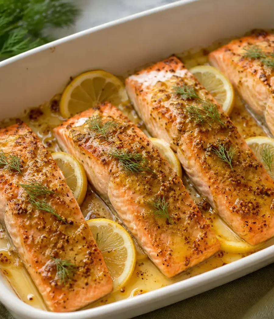 Saftiger Honig-Senf-Lachs aus dem Ofen mit Zitrone und Dill