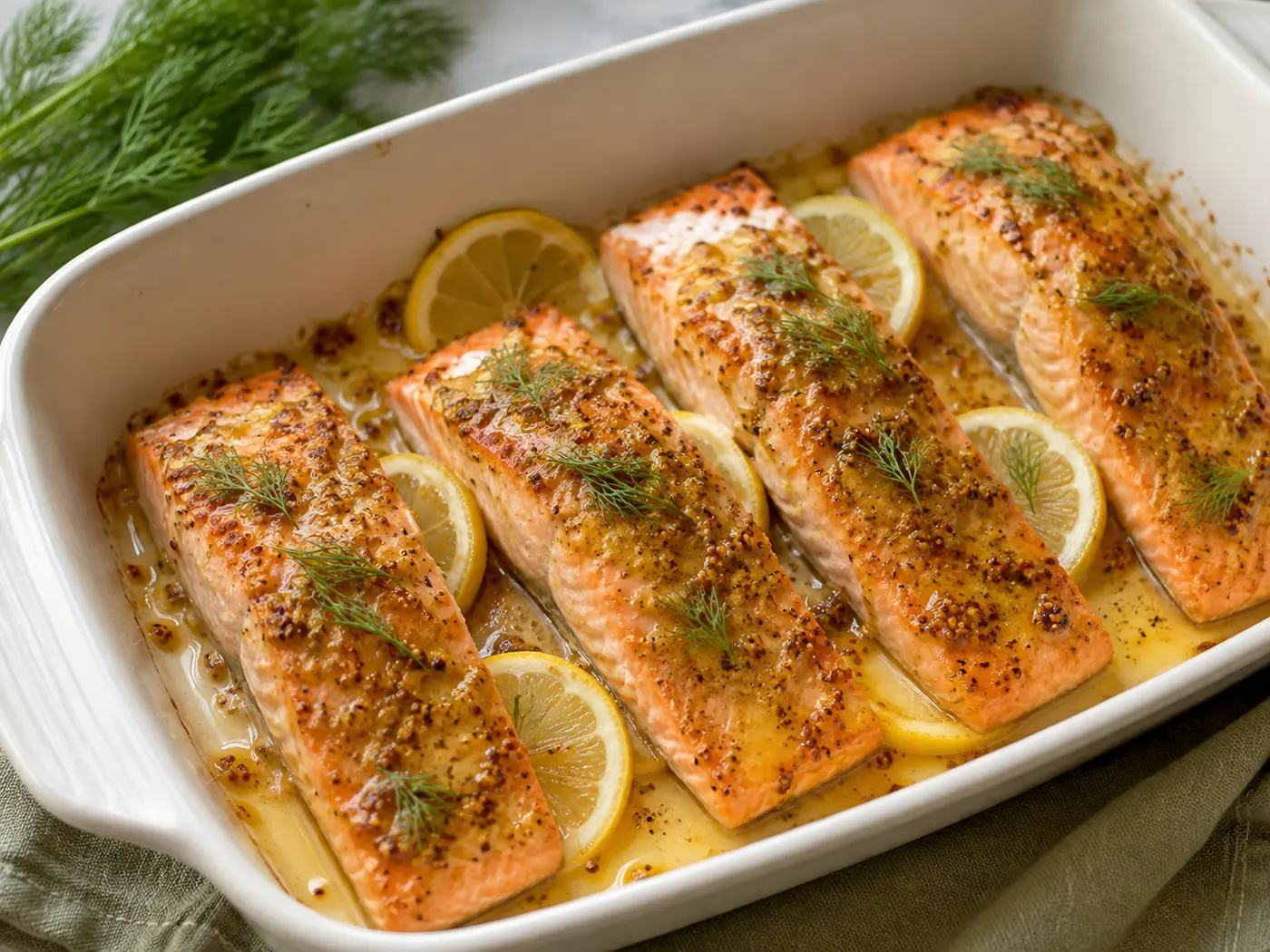 Saftiger Honig-Senf-Lachs aus dem Ofen mit Zitrone und Dill