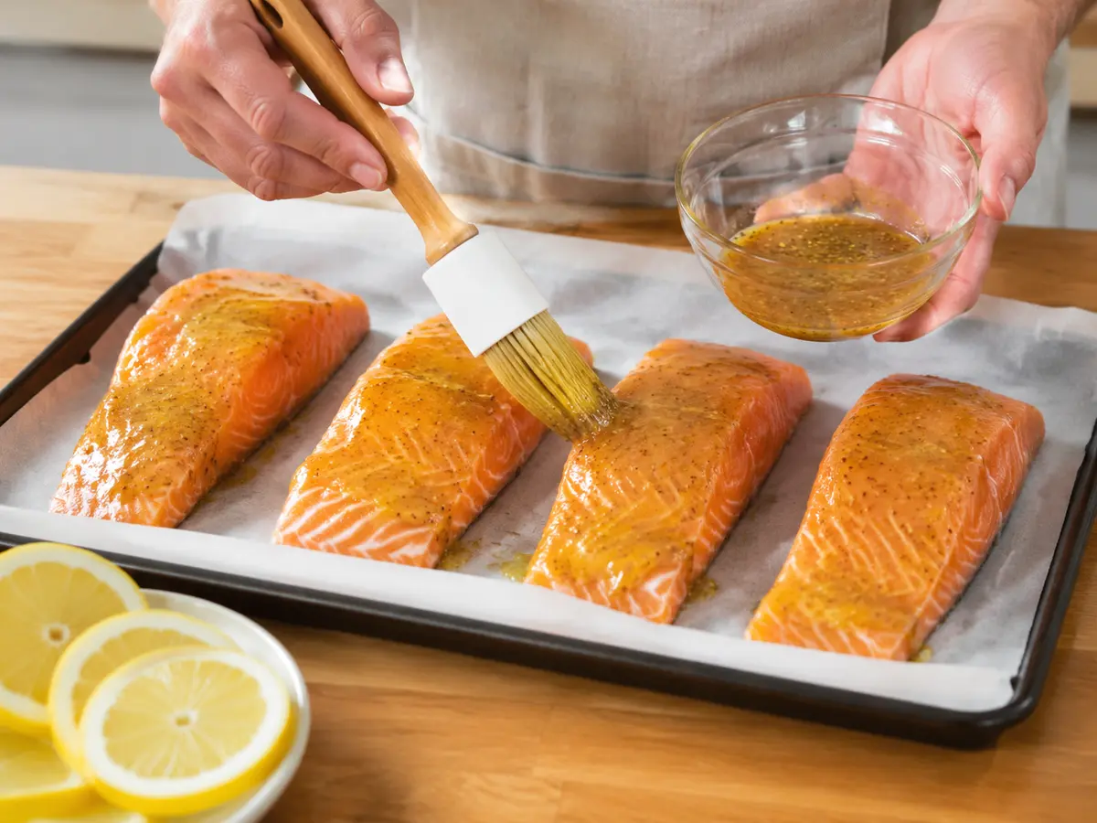 Honig-Senf-Glasur wird auf Lachsfilets gestrichen