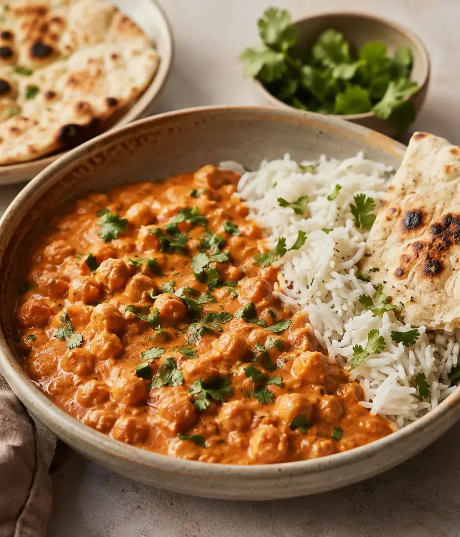 Cremiges Kichererbsen-Tikka-Masala mit Reis und Naan