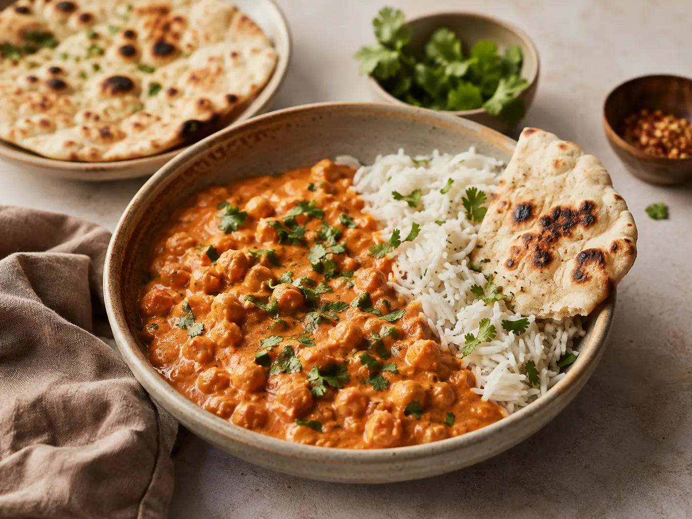 Cremiges Kichererbsen-Tikka-Masala mit Reis und Naan