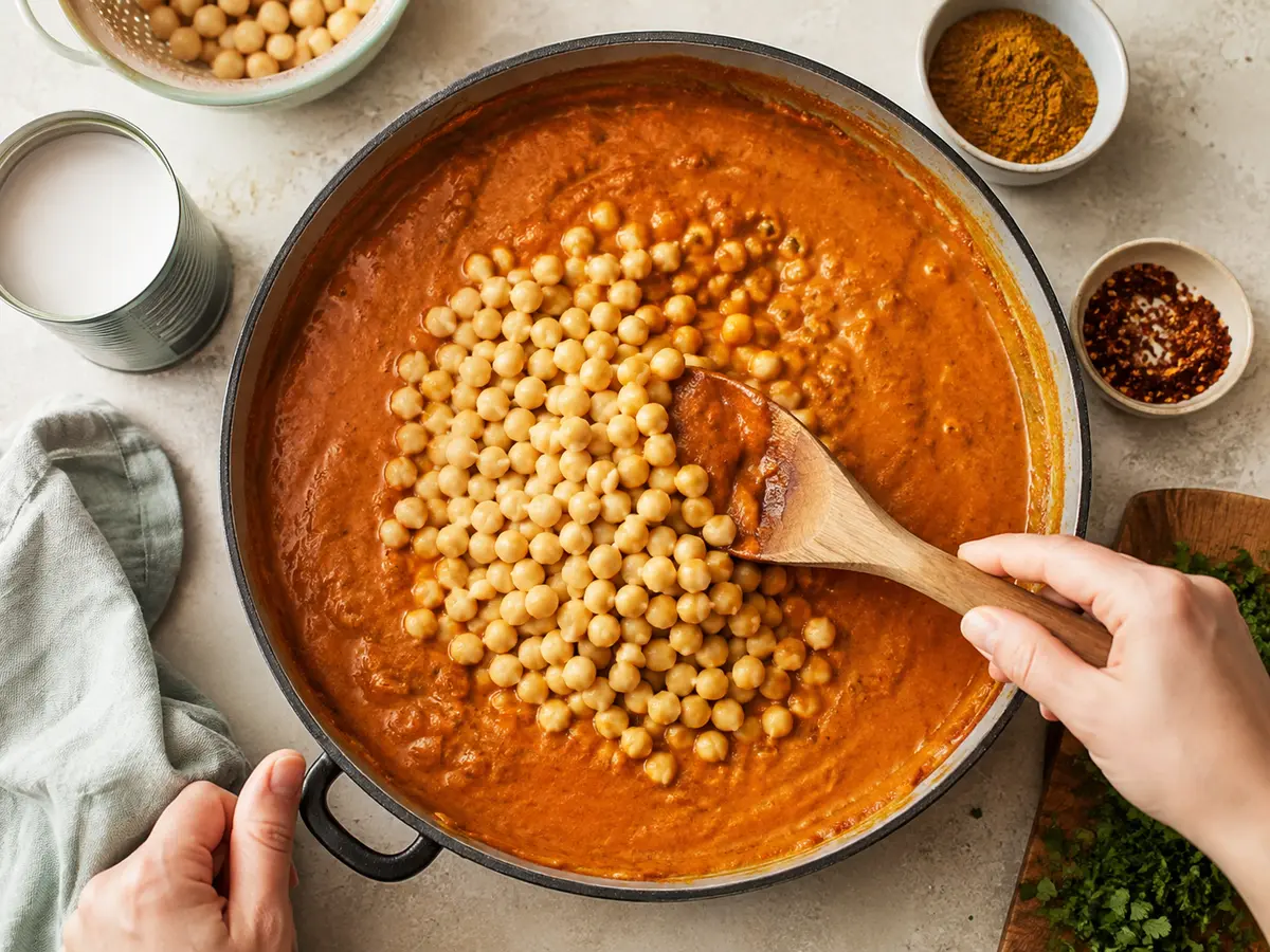Kichererbsen werden in cremige Tikka-Masala-Sauce eingerührt