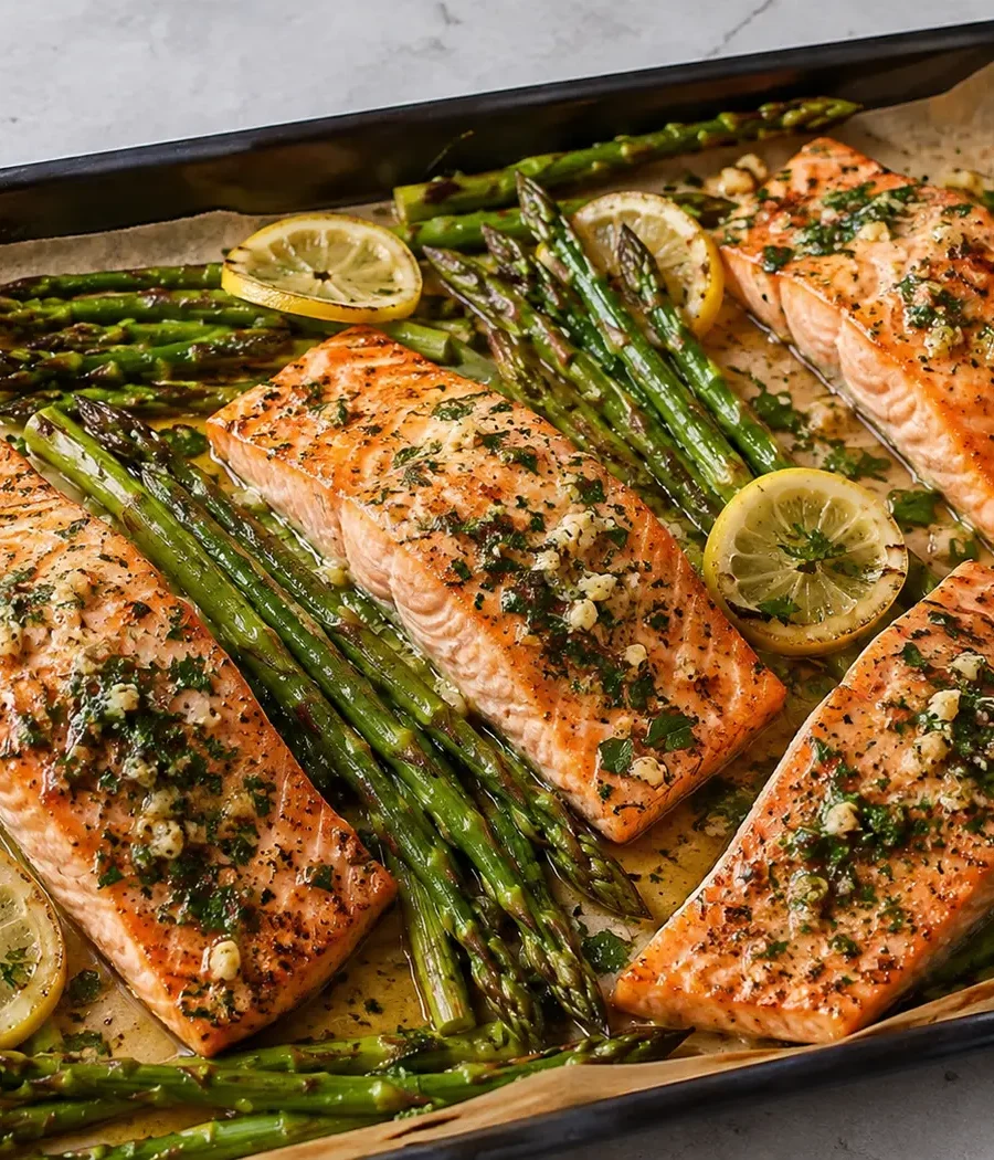Knoblauch-Butter-Lachs vom Blech mit grünem Spargel
